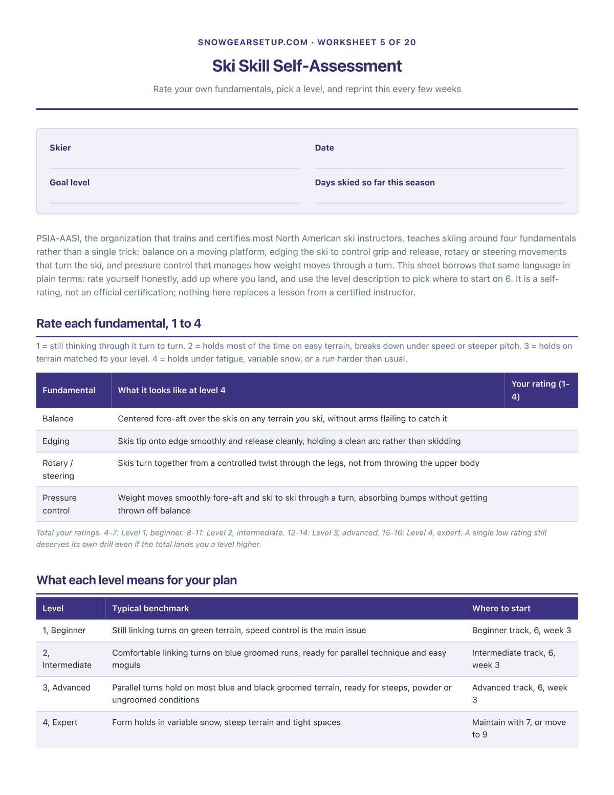 Rate your own fundamentals and pick a level, from published PSIA-AASI teaching progressions